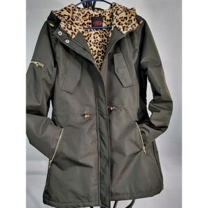 Yoki Olive Green Anorak Jacket Leopard Faux Fur Lined Hooded Drawstring